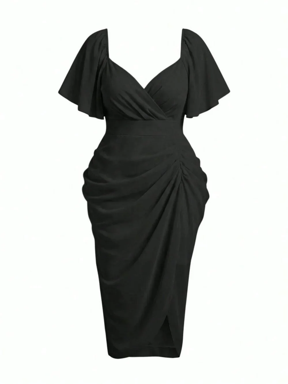 Black Elegant Women's Flounce Sleeve High Waist Midi Dress